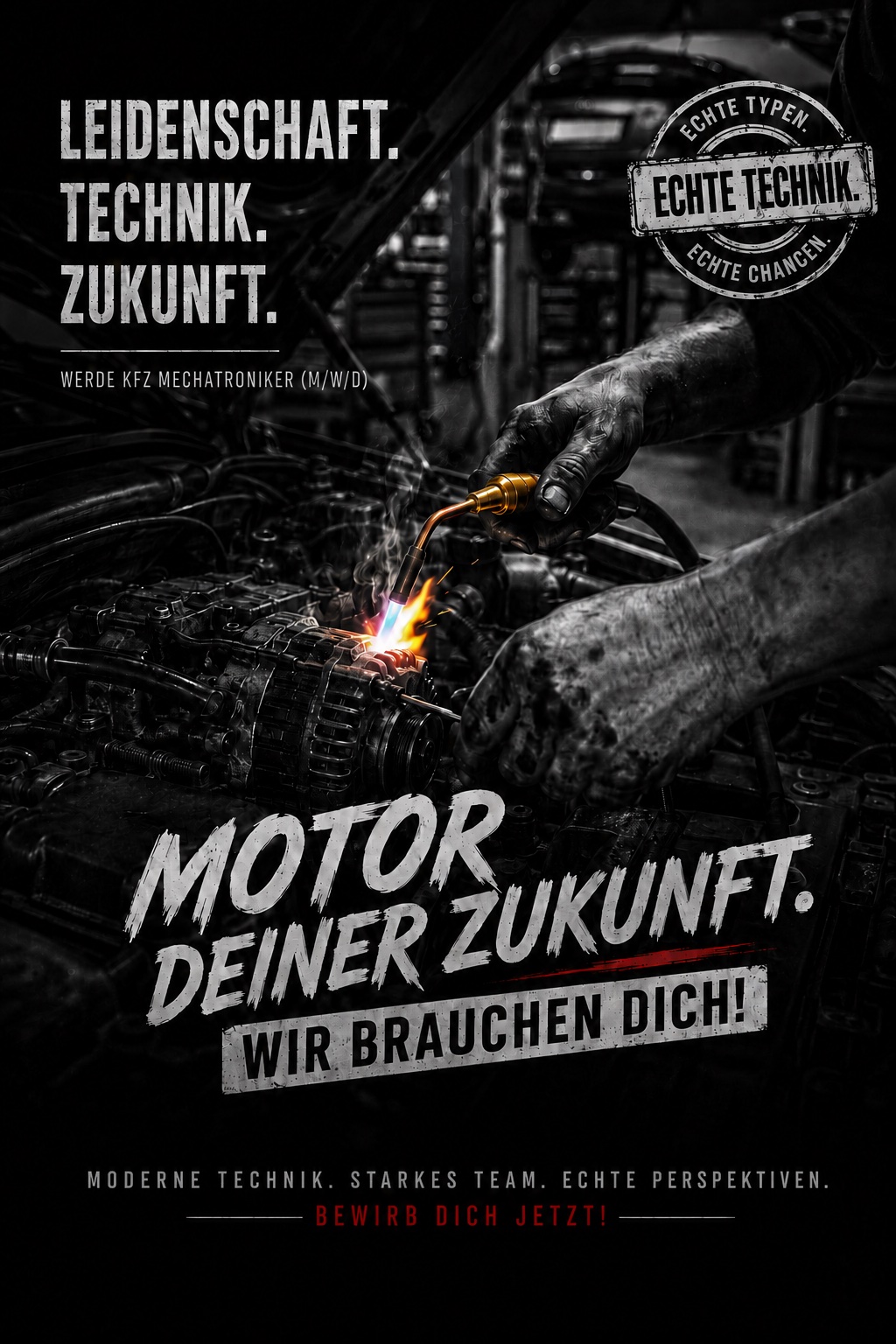 Recruiting-Plakat Tellmann & Becker: Leidenschaft. Technik. Zukunft. Motor deiner Zukunft – wir brauchen dich!